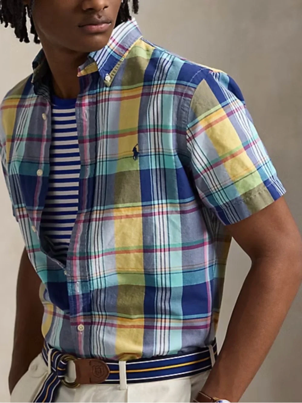 Polo by Ralph Lauren Blue, Yellow and Green Plaid Short-Sleeve Button-Down Shirt
